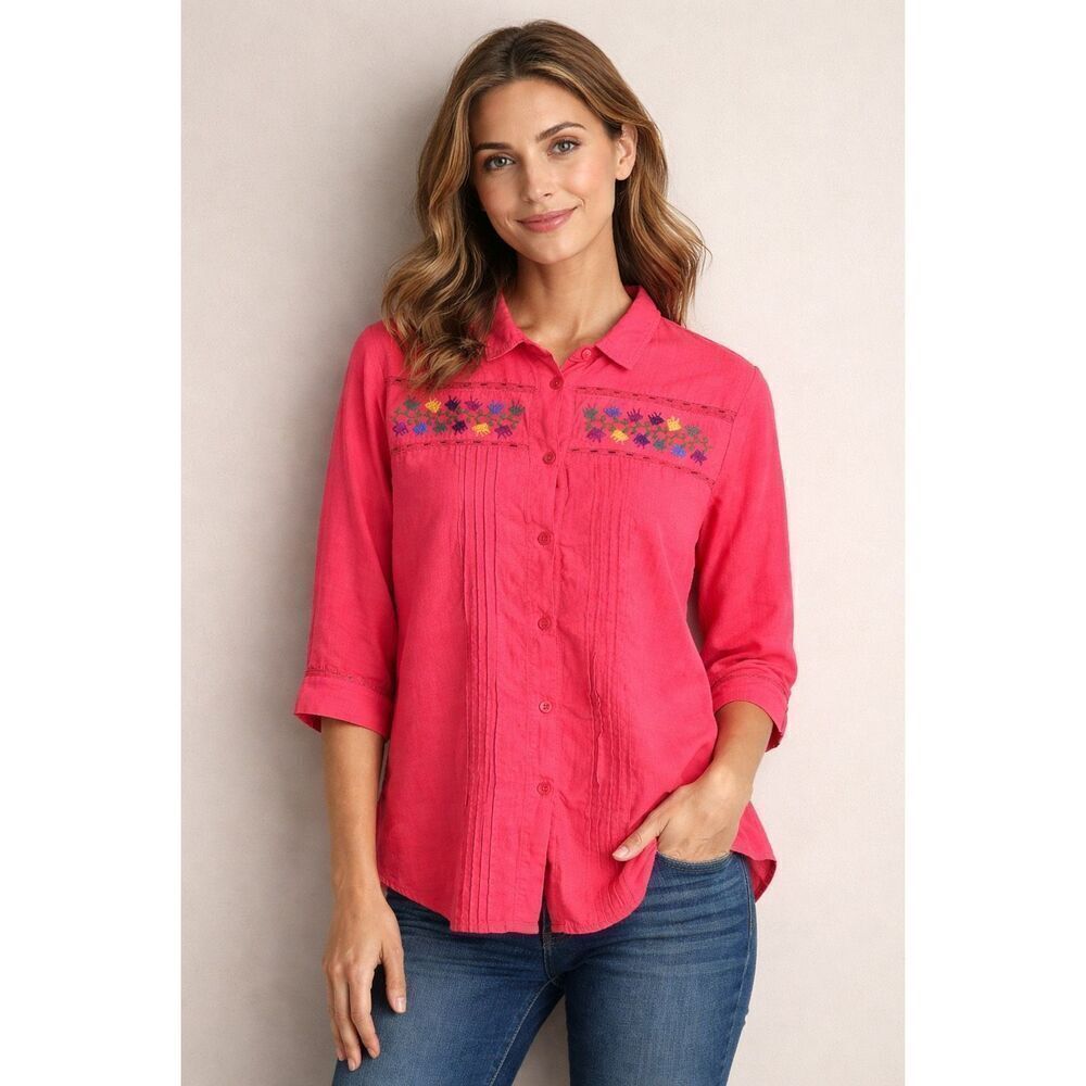 Aranza Pink Embroidered Cotton Button Shirt Women’s Large Boho